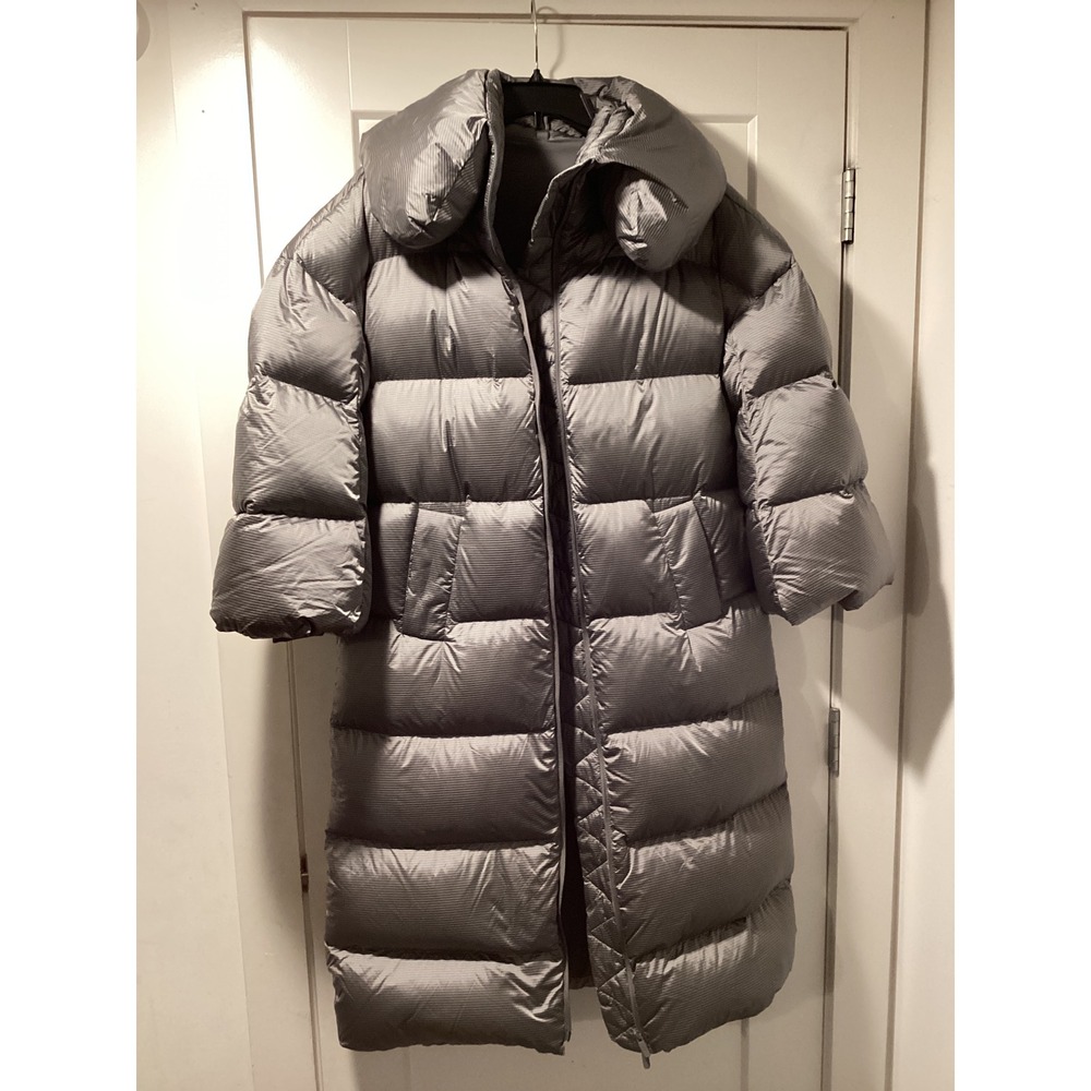 Lululemon Metallic Grey Long Puffer Coat Oversized Collar‎ Down Parka Sz 0